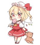  1girl ascot bangs blonde_hair blush candy chibi collared_shirt crystal eyebrows_visible_through_hair flandre_scarlet food food_in_mouth frilled_skirt frills full_body hair_between_eyes hat hat_ribbon holding holding_candy holding_food holding_lollipop holding_stuffed_toy lollipop medium_hair mob_cap one_side_up paragasu_(parags112) puffy_short_sleeves puffy_sleeves red_eyes red_footwear red_ribbon red_skirt red_vest ribbon shirt shoes short_sleeves simple_background skirt skirt_set socks solo standing stuffed_animal stuffed_toy teddy_bear touhou vest white_background white_headwear white_legwear white_shirt wings wrist_cuffs yellow_ascot 