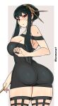  1girl ass bangs bare_shoulders black_dress black_hair blush breasts dress earrings eyebrows_visible_through_hair from_behind hair_ornament hairband highres huge_ass jewelry kuromaruart large_breasts long_hair looking_at_viewer looking_back red_eyes sidelocks solo spy_x_family thick_thighs thighhighs thighs wide_hips yor_briar 