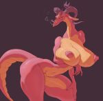 absurd_res anthro arm_under_breasts big_breasts breasts claws crown curved_horn dragon female hi_res horn huge_breasts long_neck looking_at_viewer nipples non-mammal_breasts nude pink_body pink_scales scales scalie shredded_wheat small_waist smoke_from_nose solo thick_thighs wide_hips wingless_dragon womb_tattoo 