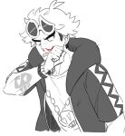  1boy angry blood blood_on_hands eyeshadow eyewear_on_head guzma_(pokemon) hood hooded_jacket jacket jewelry makeup monochrome multicolored_hair necklace nosebleed pokemon pokemon_(game) pokemon_sm rnehrdyd1212 solo spot_color sunglasses tattoo teeth two-tone_hair upper_body wristband 