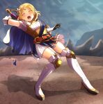  1girl battle blonde_hair boots braid cape circlet closed_eyes damaged fire_emblem fire_emblem_warriors flower frilled_skirt frills garter_straps hair_flower hair_ornament highres lianna_(fire_emblem) open_mouth pain princess sash shield short_hair skirt sunflower_hair_ornament sword thigh_boots thighhighs thighs tiara weapon yozu_(yozu0420) 