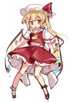 1girl ascot back_bow bangs blonde_hair blush bobby_socks bow collared_shirt crystal eyebrows_visible_through_hair fang flandre_scarlet frilled_skirt frilled_sleeves frills full_body hair_between_eyes hat looking_at_viewer medium_hair mob_cap one_side_up open_mouth paragasu_(parags112) puffy_short_sleeves puffy_sleeves red_eyes red_footwear red_skirt red_vest shirt shoes short_sleeves side_ponytail simple_background sketch skirt skirt_set socks solo touhou vest white_background white_bow white_headwear white_shirt wings yellow_ascot 