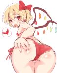 1girl ass bangs bent_over blonde_hair blush bow bra breasts cowboy_shot crystal eyebrows_visible_through_hair fang flandre_scarlet from_behind futanari hair_between_eyes hair_bow hand_on_own_ass heart leaning_forward looking_at_viewer looking_back micro_bra no_hat no_headwear one_side_up open_mouth panties paragasu_(parags112) red_bow red_bra red_eyes red_panties short_hair side-tie_panties simple_background small_breasts solo spoken_heart standing touhou underwear white_background wings 