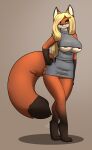  accessory blonde_hair breasts brown_body brown_fur canid canine clothing dress female feretta fox fur green_eyes hair hair_accessory hairclip hand_on_hip hi_res looking_at_viewer mammal nipples orange_body orange_fur red_fox short_dress simple_background tendel_mon_siviel under_boob white_body white_fur zipper_dress 