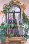  1girl animal_ears animalization armband balcony black_coat black_skirt cat coat curtains door ear_bow flower highres horse_ears kneehighs long_hair long_sleeves mejiro_mcqueen_(umamusume) ombre open_mouth plant purple_eyes purple_hair skirt solo_focus standing symboli_rudolf_(umamusume) umamusume vines 