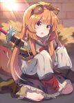  1girl aisha_(rfrm) animal_ear_fluff animal_ears bangs blush brown_hair child eyebrows_visible_through_hair highres long_hair long_sleeves looking_at_viewer open_mouth oversized_clothes raccoon_ears raccoon_girl raccoon_tail raphtalia red_eyes sitting solo sword tail tate_no_yuusha_no_nariagari very_long_hair wariza weapon 