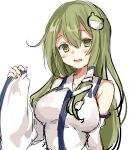  1girl :d bangs bare_shoulders blush breasts collared_shirt detached_sleeves eyebrows_visible_through_hair frog_hair_ornament green_eyes green_hair hair_between_eyes hair_ornament hair_tubes head_tilt japanese_clothes kochiya_sanae large_breasts long_hair long_sleeves looking_at_viewer miko nontraditional_miko open_mouth paragasu_(parags112) shirt simple_background single_sidelock sketch sleeveless sleeveless_shirt smile snake_hair_ornament solo teeth touhou upper_body upper_teeth white_background white_shirt wide_sleeves 