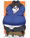  2022 anthro belly big_belly black_body black_nose blush bottomwear bound clothing eyewear giant_panda glasses hi_res humanoid_hands kemono kusosensei male mammal overweight overweight_male rope shorts simple_background solo_focus underwear ursid white_body 