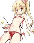  1girl bare_shoulders bikini blonde_hair blush breasts closed_mouth cowboy_shot crystal dutch_angle eyebrows_visible_through_hair flandre_scarlet from_below hair_between_eyes looking_at_viewer micro_bikini navel one_side_up paragasu_(parags112) red_bikini red_eyes short_hair side-tie_bikini simple_background small_breasts smile solo swimsuit touhou white_background wings 