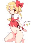  1girl arms_behind_back ascot bare_legs blonde_hair blush bow closed_mouth crop_top crystal fang flandre_scarlet foot_out_of_frame from_side hair_between_eyes hair_bow looking_to_the_side no_hat no_headwear one_side_up panties paragasu_(parags112) puffy_short_sleeves puffy_sleeves red_bow red_eyes red_panties red_vest shirt short_hair short_sleeves side-tie_panties simple_background solo touhou underwear vest white_background white_shirt wings yellow_ascot 