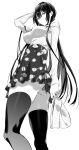  1girl ass bangs bare_shoulders black_legwear breasts eyebrows_visible_through_hair eyelashes floral_print forehead from_below greyscale hair_between_eyes hand_up hat hat_removed headwear_removed high-waist_skirt hiiragi_yuuichi holding long_bangs long_hair long_sleeves looking_at_viewer looking_back looking_down medium_breasts monochrome off_shoulder original pleated_shirt pleated_sleeves pointy_breasts shadow sidelocks simple_background skirt solo thighhighs thighs underboob very_long_hair white_background 