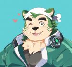  &lt;3 anthro bandanna canid canine canis domestic_dog eyebrows fur green_body green_fur headphones headphones_around_neck hi_res kerchief lifewonders live-a-hero male mammal mokdai one_eye_closed qdng0atngbaqmce solo thick_eyebrows video_games wink 