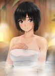  1girl amagami bangs bare_shoulders black_hair blush breasts closed_mouth commentary_request hand_on_own_chest highres looking_at_viewer medium_breasts naked_towel nanasaki_ai onsen partially_submerged short_hair smile solo tan tanlines towel wet yoo_tenchi 