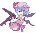  1girl back_bow bangs bat_wings black_legwear bow covered_mouth dress eyebrows_visible_through_hair frilled_sleeves frills from_side full_body grey_eyes hair_between_eyes hat high_heels hugging_own_legs kneehighs legs_up looking_at_viewer looking_to_the_side mob_cap paragasu_(parags112) puffy_short_sleeves puffy_sleeves purple_bow purple_dress purple_footwear purple_hair purple_headwear remilia_scarlet sash short_hair short_sleeves simple_background solo touhou v-shaped_eyebrows white_background wings 