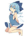 1girl :o bangs bare_legs bare_shoulders barefoot blue_bow blue_dress blue_eyes blue_hair bow breasts cirno collared_dress dress eyebrows_visible_through_hair full_body hair_between_eyes hair_bow ice ice_wings kneeling looking_at_viewer open_mouth paragasu_(parags112) shiny shiny_hair short_hair simple_background sleeveless sleeveless_dress small_breasts solo touhou wavy_hair white_background wings 