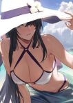  1girl alternate_costume angelia_(girls&#039;_frontline) bangs bare_shoulders beach bikini black_hair blue_sky blush breasts cleavage collarbone eyebrows_visible_through_hair girls&#039;_frontline hair_between_eyes hair_over_one_eye hair_rings hand_on_headwear hat hawk_b highres large_breasts leaning_forward light_brown_eyes long_hair looking_at_viewer open_mouth parted_lips sarong sidelocks sky solo standing sun_hat swimsuit third-party_edit wet wet_bra wet_face white_bikini white_headwear white_swimsuit 