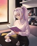  1girl absurdres ahoge bangs belt black_belt black_skirt book bookshelf coffee coffee_mug couch cup evening eyebrows_visible_through_hair glasses hair_between_eyes hair_intakes highres holding holding_book indoors ine_(vtuber) jewelry long_hair long_sleeves mug necklace open_book pillow ponytail purple_eyes reading ribbed_sweater rkrkrjrj2000 saucer sitting skirt solo sweater table virtual_youtuber waktaverse white_hair white_sweater window 