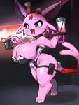  3:4 animal_print anthro areola areola_slip big_breasts blush breasts clothed clothing cow_print eeveelution espeon female fur hi_res huge_breasts lao_cia leotard looking_at_viewer mammal nintendo pok&eacute;mon pok&eacute;mon_(species) smile solo video_games 