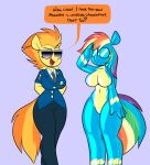  4_fingers anthro anthrofied big_breasts blue_body breasts clothing duo equid equine eyewear female fingers friendship_is_magic goggles hair hi_res lettuce_(artist) mammal multicolored_hair multicolored_tail my_little_pony necktie orange_hair orange_tail pegasus purple_background rainbow_dash_(mlp) rainbow_hair rainbow_tail rubber simple_background smile spitfire_(mlp) sunglasses uniform wide_hips wings wonderbolts_(mlp) wonderbolts_uniform yellow_body 