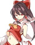  1girl armpits ascot bangs bare_shoulders bow breasts brown_hair closed_mouth cowboy_shot detached_sleeves eyebrows_visible_through_hair frown groin hair_between_eyes hair_bow hair_tubes hakurei_reimu long_hair looking_to_the_side midriff navel paragasu_(parags112) ponytail red_bow red_eyes red_skirt red_vest ribbon_trim sarashi sidelocks simple_background skirt skirt_set small_breasts solo touhou vest white_background wide_sleeves yellow_ascot 