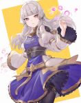  1girl bangs black_legwear blunt_bangs closed_mouth dress fire_emblem fire_emblem:_three_houses fire_emblem_warriors:_three_hopes floating_hair frilled_skirt frills gold_trim haru_(nakajou-28) highres juliet_sleeves long_hair long_sleeves looking_at_viewer lysithea_von_ordelia pantyhose pink_eyes puffy_sleeves purple_dress sash skirt solo two-tone_dress white_dress white_hair 