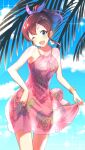  1girl ;d blue_bow blue_sky blush bow brown_hair cloud dress highres idolmaster idolmaster_million_live! leaf_print lens_flare looking_at_viewer one_eye_closed outdoors palm_tree pink_dress ponytail satake_minako see-through_silhouette skirt_hold sky sleeveless sleeveless_dress smile solo sunlight tree wattsu 