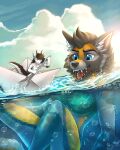  2021 absurd_res anthro breasts canid canine cloud dragon duo female fox fur hi_res larger_female macro male mammal micro multicolored_body multicolored_fur open_mouth paper_boat sea size_difference sky smaller_male tatujapa teeth water ych_result 