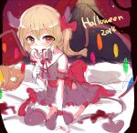  1girl 2014 bangs black_dress black_legwear blonde_hair blush bow closed_mouth crystal dress eyebrows_visible_through_hair flandre_scarlet full_body hair_between_eyes hair_bow halloween horns jack-o&#039;-lantern looking_at_viewer no_hat no_headwear on_bed one_side_up paragasu_(parags112) pumpkin red_bow red_eyes red_footwear shoes short_hair sitting smile solo thighhighs touhou wariza wings 