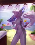  anthro beach beverage black_nose bra breasts canid canid_demon chest_tuft claws clothing demon detailed_background eyewear female fingers fluffy fluffy_tail fur genitals grey_body grey_fur gun hellhound helluva_boss inner_ear_fluff looking_at_viewer loona_(helluva_boss) mammal multicolored_body multicolored_fur navel nipples nude pussy ranged_weapon seaside smile snowflakesheep solo sunglasses tuft underwear weapon 
