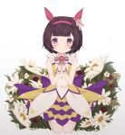  1girl animal_ears bangs bare_shoulders black_hair blunt_bangs blush bow closed_mouth commentary_request dress eyebrows_visible_through_hair flower full_body gradient gradient_background grey_background hair_ornament hairband hands_up highres horse_ears looking_at_viewer nishino_flower_(umamusume) own_hands_together purple_eyes red_hairband risu_(ritharte) sleeveless sleeveless_dress smile striped striped_bow umamusume white_dress white_flower wrist_cuffs x_hair_ornament 