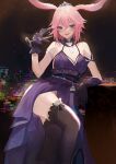  1girl :d alcohol animal_ears bangs brown_legwear crown cup dress drinking_glass fox_ears gloves holding holding_cup honkai_(series) honkai_impact_3rd komuer looking_at_viewer open_mouth pink_hair purple_dress purple_eyes purple_gloves sleeveless sleeveless_dress smile solo thighhighs wine wine_glass yae_sakura yae_sakura_(flame_sakitama) 