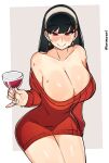 1girl alternate_breast_size bangs bare_shoulders black_hair blush breasts cleavage dress drunk eyebrows_visible_through_hair hairband highres huge_breasts kuromaruart long_hair looking_at_viewer red_eyes red_sweater sidelocks solo spy_x_family sweater sweater_dress thighs yor_briar 