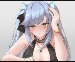  1girl azur_lane bangs black_choker black_dress blue_hair blush bracelet breasts brown_eyes choker closed_mouth dress essex_(azur_lane) essex_(craft_fairytail)_(azur_lane) eyebrows_visible_through_hair grey_background hair_ribbon highres jewelry long_hair looking_at_viewer medium_breasts moa_cere necklace official_alternate_costume ribbon solo twintails upper_body 