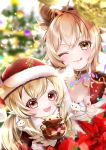  2girls :d ;3 ;p absurdres ahoge alternate_headwear bangs blurry breasts brown_eyes brown_gloves choker christmas christmas_tree cleavage clover_print coat collarbone commentary_request depth_of_field eyebrows_visible_through_hair flower fur_scarf genshin_impact gloves hair_between_eyes hair_ornament hat height_difference highres holding jumpy_dumpty klee_(genshin_impact) light_brown_hair long_hair long_sleeves looking_at_viewer low_twintails mayu_(sh-n-9) multiple_girls nail_polish one_eye_closed orange_eyes party_popper pointy_ears ponytail red_coat red_headwear santa_hat sarashi sidelocks smile tongue tongue_out twintails yoimiya_(genshin_impact) 