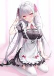  1girl bangs black_footwear blush breasts closed_mouth eyebrows_visible_through_hair grey_hair hand_in_own_hair hand_on_floor highres long_hair looking_at_viewer maid maid_headdress naga_(pixiv70891418) neck_ribbon on_floor original pink_eyes pink_ribbon ribbon shoes short_sleeves simple_background smile solo thighhighs white_legwear 