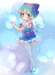  1girl arm_up ballerina bangs blue_bow blue_dress blue_eyes blue_footwear blue_hair blush bow cirno collared_shirt dress expressionless frilled_dress frills full_body hair_bow high_heels ice ice_wings looking_back looking_to_the_side neck_ribbon pantyhose paragasu_(parags112) pinafore_dress puffy_short_sleeves puffy_sleeves red_ribbon ribbon shirt short_hair short_sleeves solo touhou white_legwear white_shirt wings 