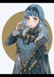  1girl alternate_costume alternate_hairstyle bangs blue_hair blunt_bangs blush brown_eyes cape fa2263cr fire_emblem fire_emblem:_three_houses fire_emblem_warriors:_three_hopes frills gold hair_ornament hairband highres lace_hairband long_hair looking_at_viewer marianne_von_edmund off_shoulder official_alternate_hairstyle sidelocks solo wavy_hair 