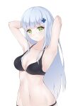  1girl absurdres arms_behind_head bangs black_bra bra breasts clark_(159123) cleavage closed_mouth collarbone eyebrows_visible_through_hair girls&#039;_frontline green_eyes hair_ornament hairclip hands_in_hair highres hk416_(girls&#039;_frontline) light_blue_hair long_hair looking_at_viewer medium_breasts navel smile solo underwear upper_body white_background 