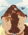  anthro beach belly big_belly bodily_fluids brown_body brown_fur brown_hair burping burping_up_objects canid canine canis drooling fur graydien hair hand_on_stomach hi_res male mammal nipple_piercing nipples piercing saliva same_size_vore seaside vore wolf 