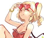  1girl adjusting_eyewear arm_up bangs bikini blonde_hair breasts cleavage closed_mouth eyebrows_visible_through_hair eyewear_on_head fang flandre_scarlet hair_between_eyes hand_up heart heart-shaped_eyewear looking_at_viewer looking_to_the_side one_side_up paragasu_(parags112) pointy_ears red_bikini red_eyes short_hair simple_background smile solo sunglasses swimsuit touhou upper_body white_background 