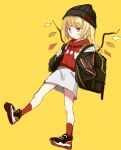  1girl :/ backpack bag bangs black_bag black_headwear black_jacket blonde_hair closed_mouth contemporary crystal eyebrows_visible_through_hair flandre_scarlet full_body highres holding_strap jacket looking_down medium_hair one_side_up open_clothes open_jacket paragasu_(parags112) red_eyes red_legwear red_shirt shirt shoes simple_background skirt sneakers socks solo standing standing_on_one_leg touhou white_skirt wings yellow_background 