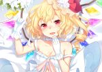  1girl alternate_costume arm_up bangs bare_shoulders bed_sheet blonde_hair blush bow choker commentary_request drill_hair eyebrows_visible_through_hair fang flandre_scarlet gloves hair_bow hand_to_own_mouth hand_up heart heart_of_string jewelry long_hair looking_at_viewer lying on_back open_mouth paragasu_(parags112) red_bow red_eyes ring side_ponytail solo string string_of_fate tears touhou upper_body wedding_band white_gloves 
