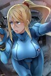  1girl alternate_breast_size arm_up bent_over blonde_hair blue_bodysuit blue_eyes bodysuit breasts butcha-u closed_mouth cowboy_shot fisheye foreshortening hair_between_eyes hand_up high_ponytail highres holding holding_weapon large_breasts lips long_hair looking_to_the_side metroid mole mole_under_mouth outstretched_arm paralyzer samus_aran serious skin_tight solo thigh_gap weapon zero_suit 