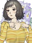  1girl bangs black_hair blush breasts brown_eyes collarbone flower highres kawakami_sadayo medium_breasts persona persona_5 poechan_chan shirt short_hair solo striped striped_shirt 