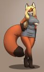  accessory blonde_hair breasts brown_body brown_fur canid canine clothing dress female feretta fox fur green_eyes hair hair_accessory hairclip hand_on_hip hi_res looking_at_viewer mammal nipples orange_body orange_fur red_fox short_dress simple_background tendel_mon_siviel under_boob white_body white_fur zipper_dress 