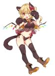 1girl ;o animal_ears animal_hands bangs bell black_gloves black_legwear black_panties blonde_hair blush boots bow breasts brown_footwear cat_ear_panties cat_ears cat_lingerie cat_paws cat_tail cross-laced_footwear crystal eyebrows_visible_through_hair fang flandre_scarlet full_body gloves groin hair_between_eyes hands_up highres jingle_bell kemonomimi_mode lace-up_boots looking_at_viewer meme_attire navel no_hat no_headwear one_eye_closed open_mouth panties paragasu_(parags112) paw_gloves red_bow red_eyes side-tie_panties simple_background small_breasts solo stomach tail thighhighs thighs touhou underwear white_background wings 
