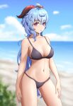  1girl :o absurdres ahoge arms_at_sides beach bikini black_bikini blue_hair blue_sky blurry blurry_background breasts cleavage cloud collarbone commentary_request cowboy_shot day ganyu_(genshin_impact) genshin_impact goat_horns highres horns hun_shui long_hair medium_breasts navel ocean open_mouth outdoors purple_eyes sky solo stomach strap_gap swimsuit 