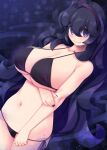 1girl @_@ ahoge bangs bikini black_bikini blush breasts commentary_request eyebrows_visible_through_hair hair_between_eyes hex_maniac_(pokemon) kirishima_satoshi large_breasts legs_together long_hair looking_at_viewer looking_down no_navel pokemon pokemon_(game) pokemon_xy purple_eyes purple_hair purple_theme skindentation solo sunlight swimsuit thighs wavy_mouth 