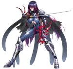  1girl akiyama_rinko armor bad_source body_lines breasts cape clothing_cutout cyborg glowing_lines gradient_hair greaves high_heels holding holding_sword holding_weapon huge_breasts katana long_hair looking_at_viewer mechanical_arms mechanical_parts multicolored_hair official_art pauldrons purple_eyes purple_hair red_hair serious shoulder_armor single_mechanical_arm single_pauldron sword taimanin_(series) taimanin_rpgx taimanin_suit underboob_cutout very_long_hair weapon 
