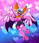  2022 anthro blue_eyeshadow boots chiropteran clothing eyeshadow fangs female footwear foreshortening galactabee gloves handwear hi_res high_heeled_boots high_heels makeup mammal outstretched_arms rouge_the_bat sega solo sonic_the_hedgehog_(series) 